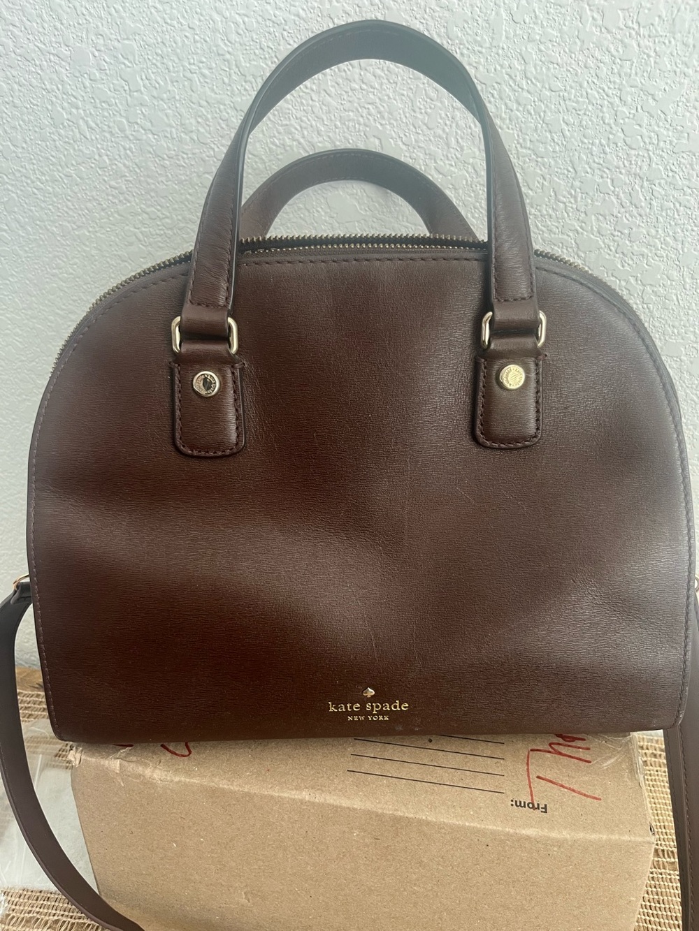 Kate Spade Reiley Mahogany Brown Leather Dome Satchel w/crossbody strap